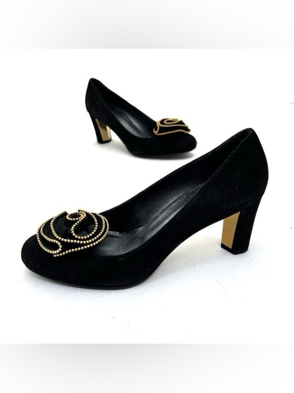 Narrow Stuart Weitzman Black Suede Pumps with Gold Beaded Rosette- size 11